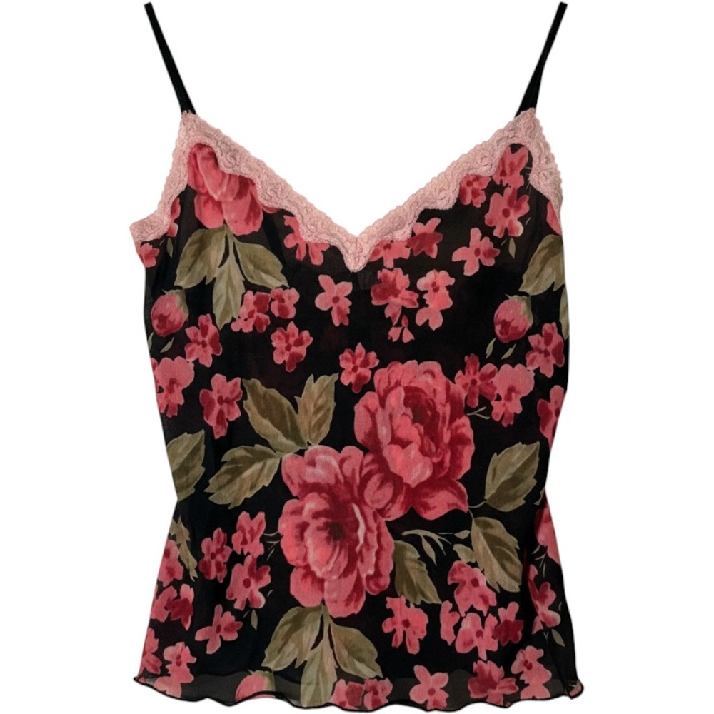 Y2k Victoria's Secret Pink Floral Mesh Lace Trim Cami Top Black Medium Size M